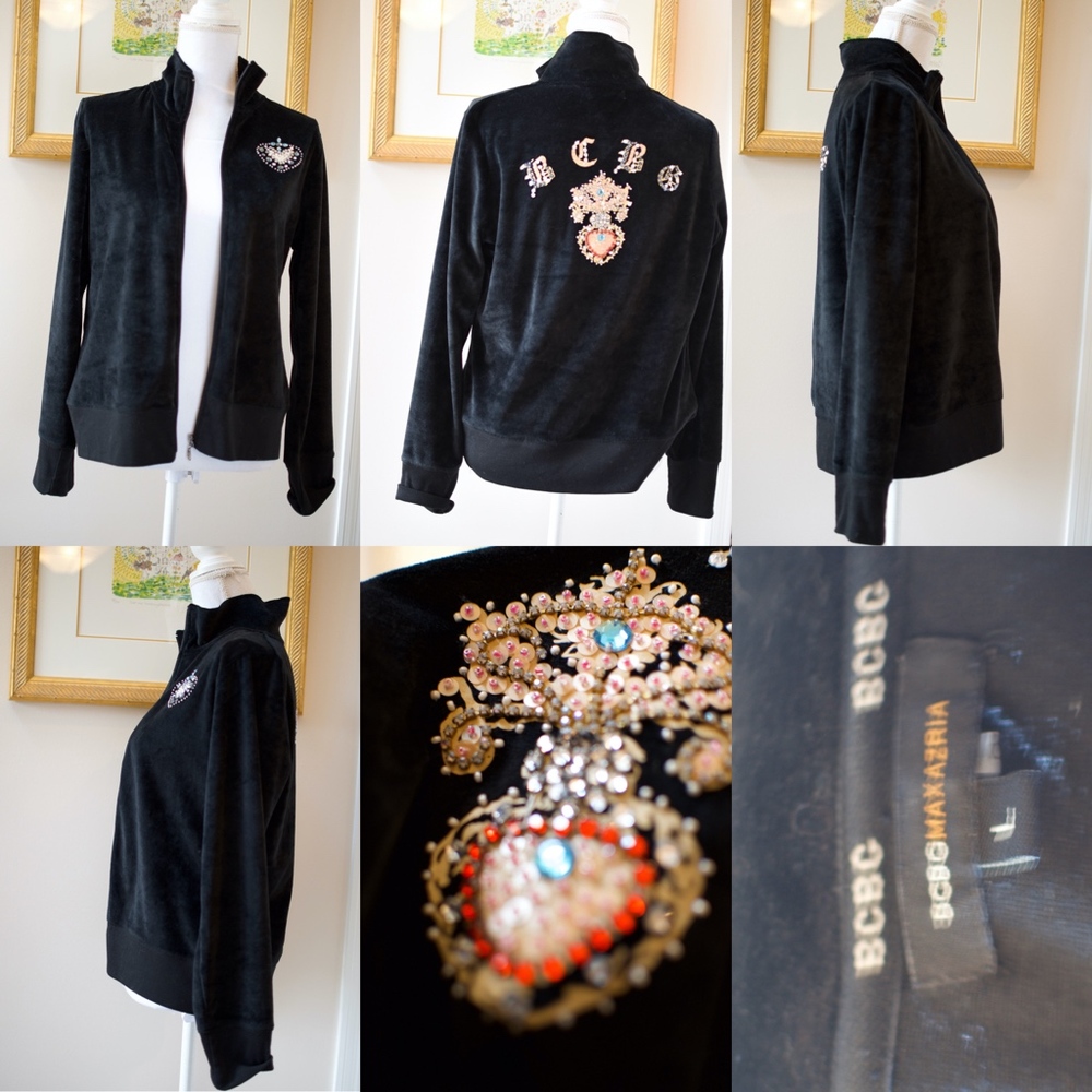 Vintage BCBG Velour Zip Up Hoodie w/ Rhinestones